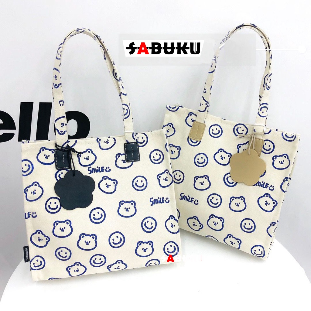 Tas Selempang Fashion Wanita Korea Totebag SMILE Bahan Kanvas Resleting Motif Carakter Korea Style Multifungsi -253