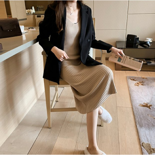 yikoo-Dress korea rajut tanpa lengan garpu belakang wanita mixi dress dres