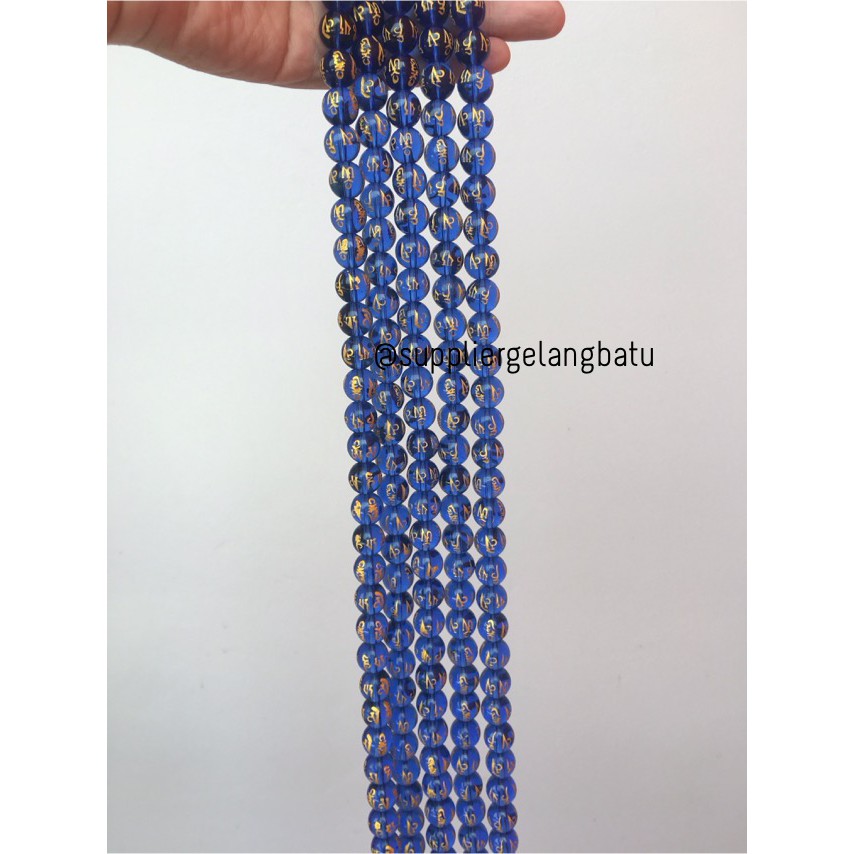 Bongkah Tibet Hoki Biru Clear Quartz 12mm Kuarsa Tibetian Serat Emas Om Mani Padme Hum Kristal Akik