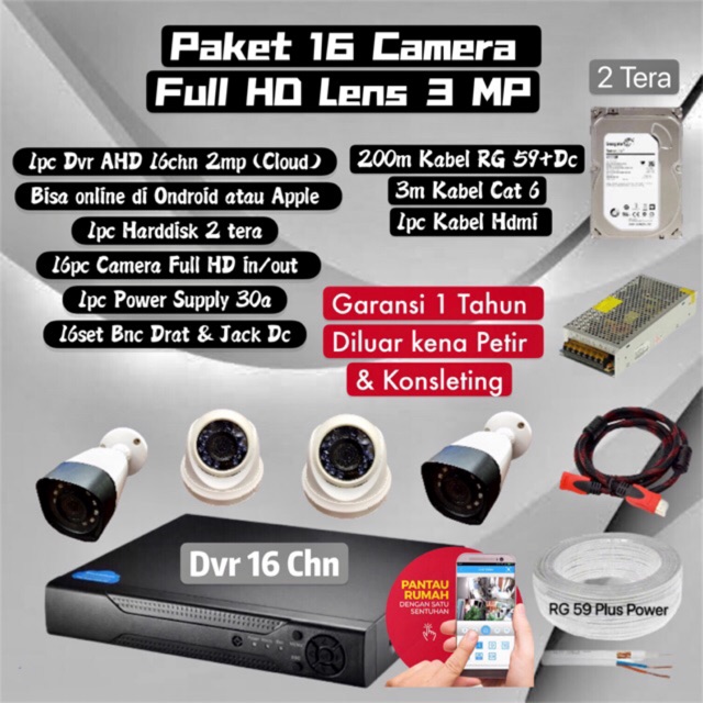 Paket cctv 16 kamera full hd lensa 3mp