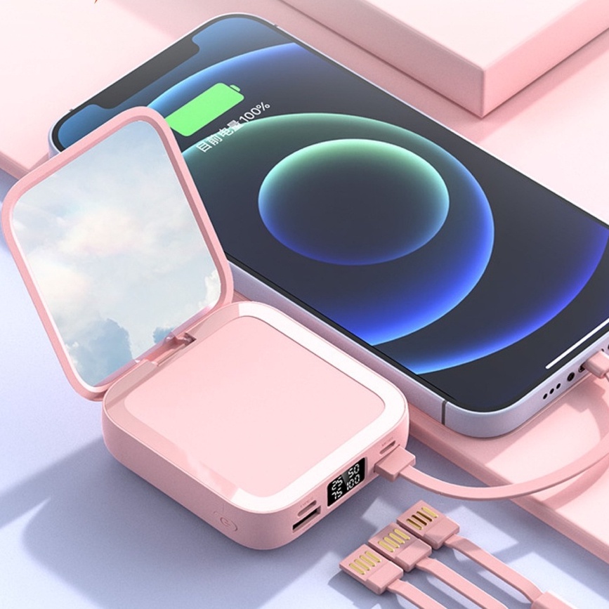 Original100% Powerbank 20000mAh Built-in 3 Cables 3.1A Fast Charging With Beauty Mirror