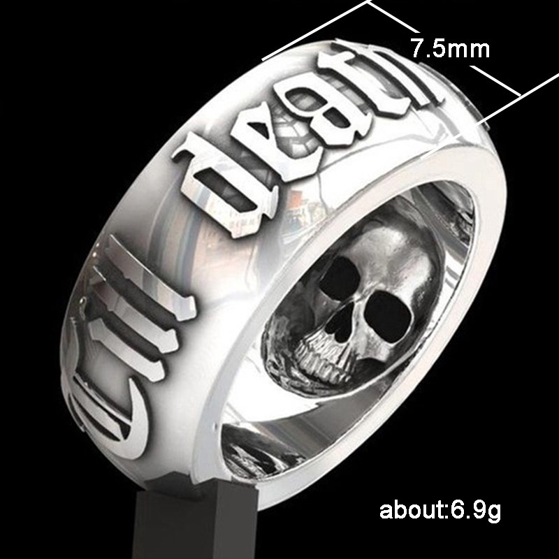 Cincin Desain Tengkorak Warna Hitam Dan Silver Gaya Punk Rock Gothic Untuk Pria