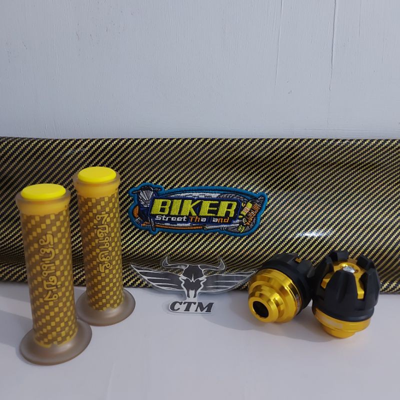 [PAKET GOLD] Sarung Kulit Jok Biker Karbon / Grip Karbon / Jalu As Roda Depan - GOLD