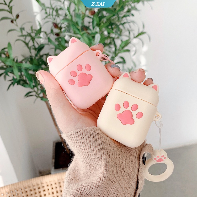 Casing Silikon Motif Kartun Cakar Kucing + Gantungan Kunci Untuk Simpan Earphone Wireless Bluetooth Apple AirPods 1 / 2 pro