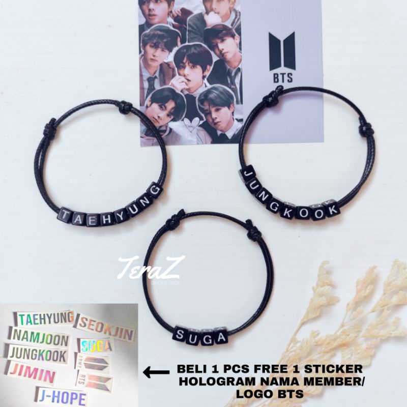 GELANG NAMA MEMBER BTS ( BUY 1 GET 1 STICKER HOLOGRAM NAMA / LOGO BTS )