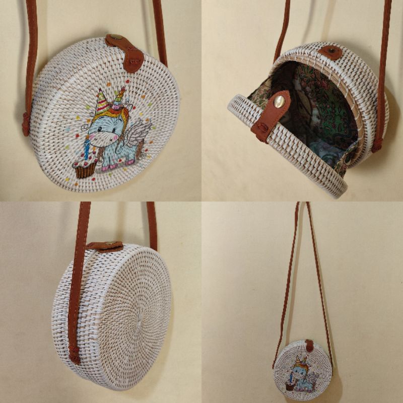Tas Rotan Diameter 20cm kualitas Premium - Tas rotan bali - tas bulat - tas slempang bulat - Tas Pan