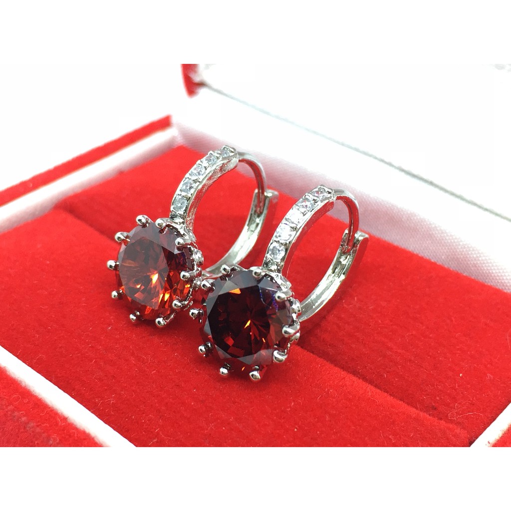 Anting Hoop Silver Batu Bulat Merah Berlian CZ Fashion Korea - BE070M