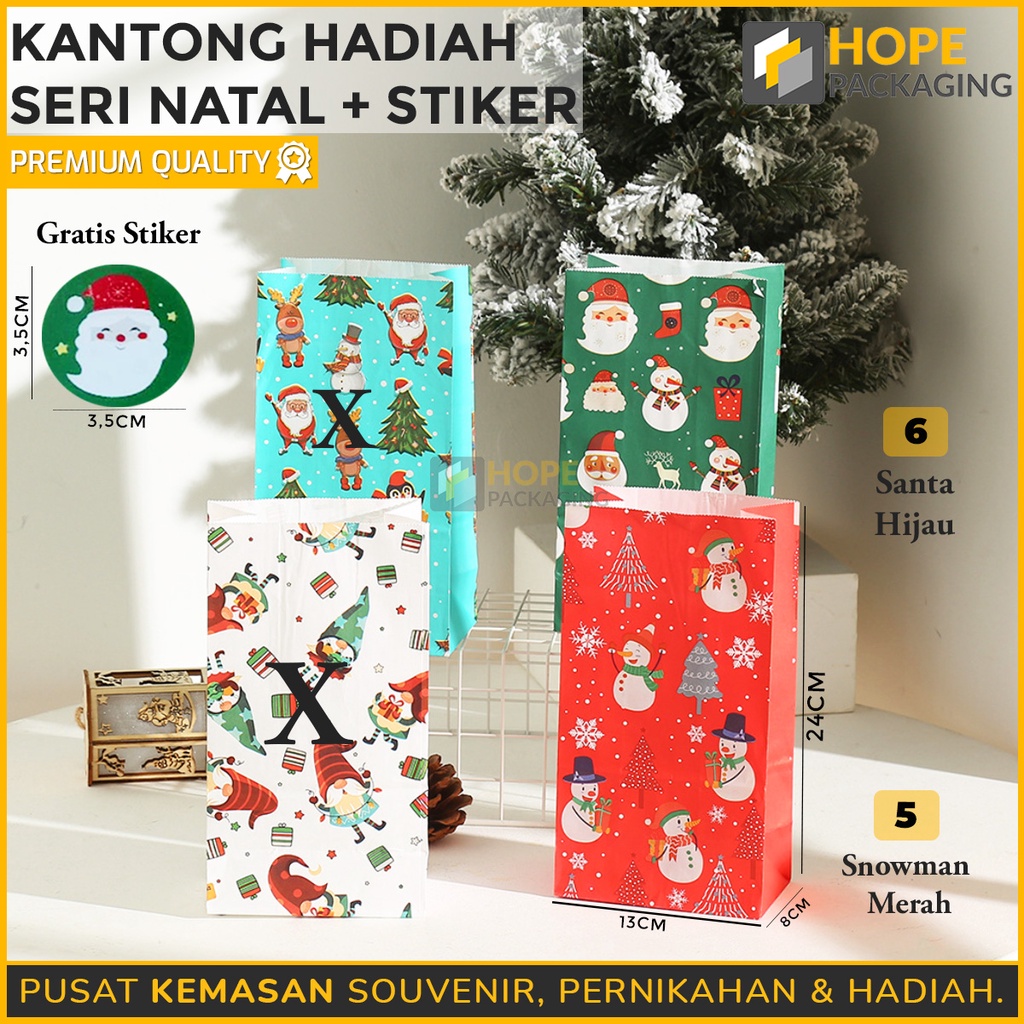 [ISI 5 pcs] Paper Bag Hadiah Natal + Sticker 24 x 13 x 8 cm Kemasan Kertas Bermotif Lucu Kantong Hadiah paperbag