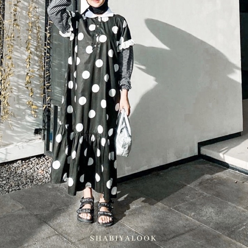 chagiya dress by shabiyalook - dress / tunik dress lucu motif polkadot hitam korean style prewash