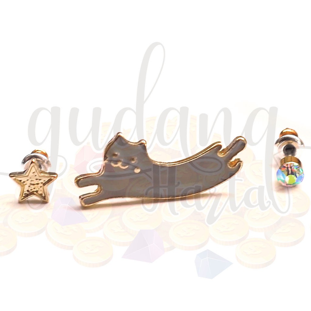 Anting Tusuk White Rabbit Kelinci Grey Cat Lucu Kucing Isi 3 Asimetris GH 203190