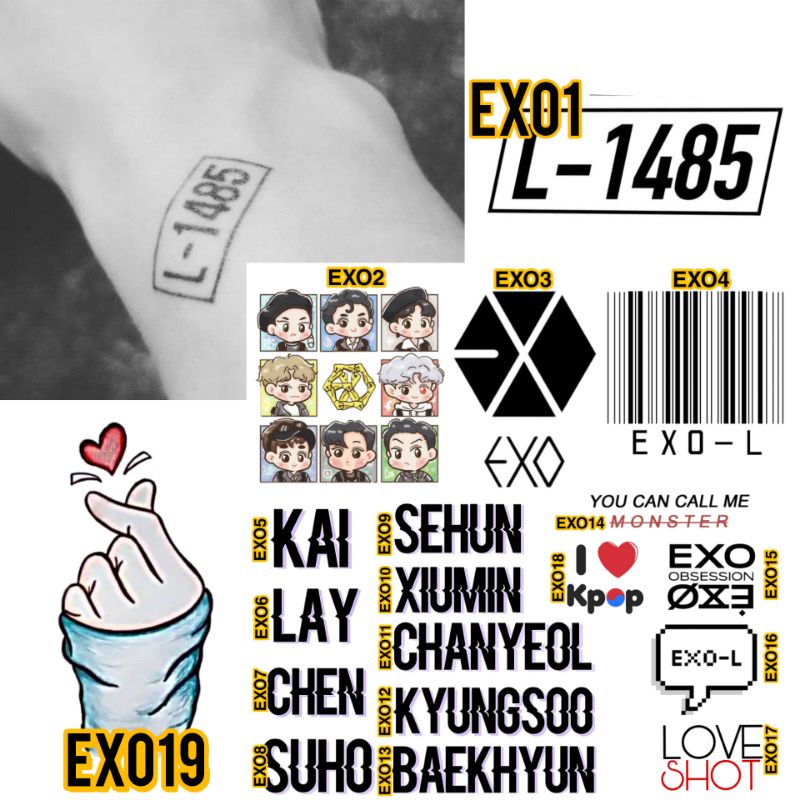 Tato Temporer EXO - L - 1485 EXOL KAI LAY SUHO CHEN SEHUN XIUMIN CHANYEOL KYUNGSOO BAEKHYUN LOVE SHOT Tatto Aesthetic