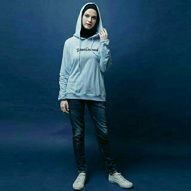 3second kaos wanita hoodie biru