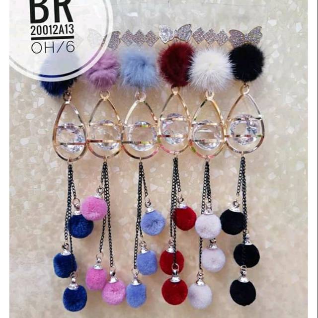 Bros dagu juntai panjang bola pompom 3 susun liontin tetes