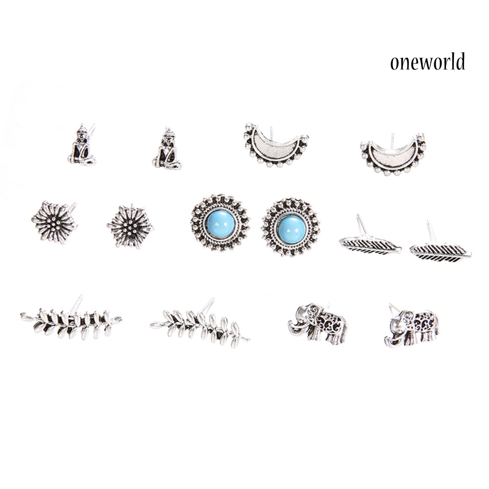 OW@ 7Pairs Earrings Set Women Boho Elephant Flower Feather Buddha Ear Stud Jewelry