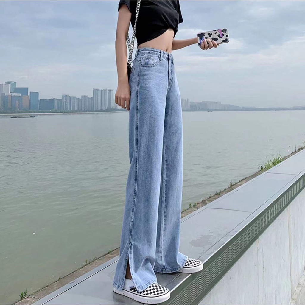 Celana Panjang Jeans Highwaist Loose Split Wanita Korean