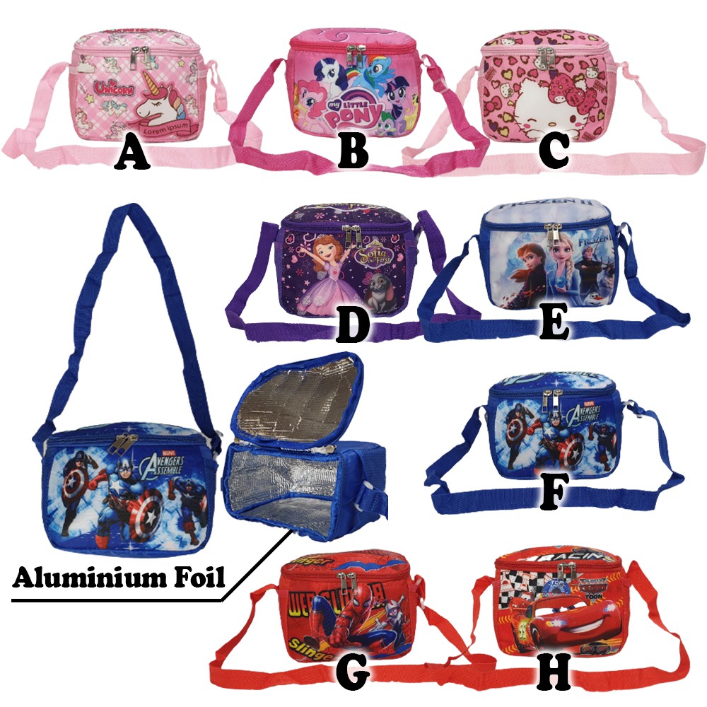 CUCI GUDANG Tas Selempang Bahu Tas Bekal Makan Anak PAUD - Lunch Bag Karakter Lucu - Lapis Aluminium Foil - Tahan Panas Anti Air