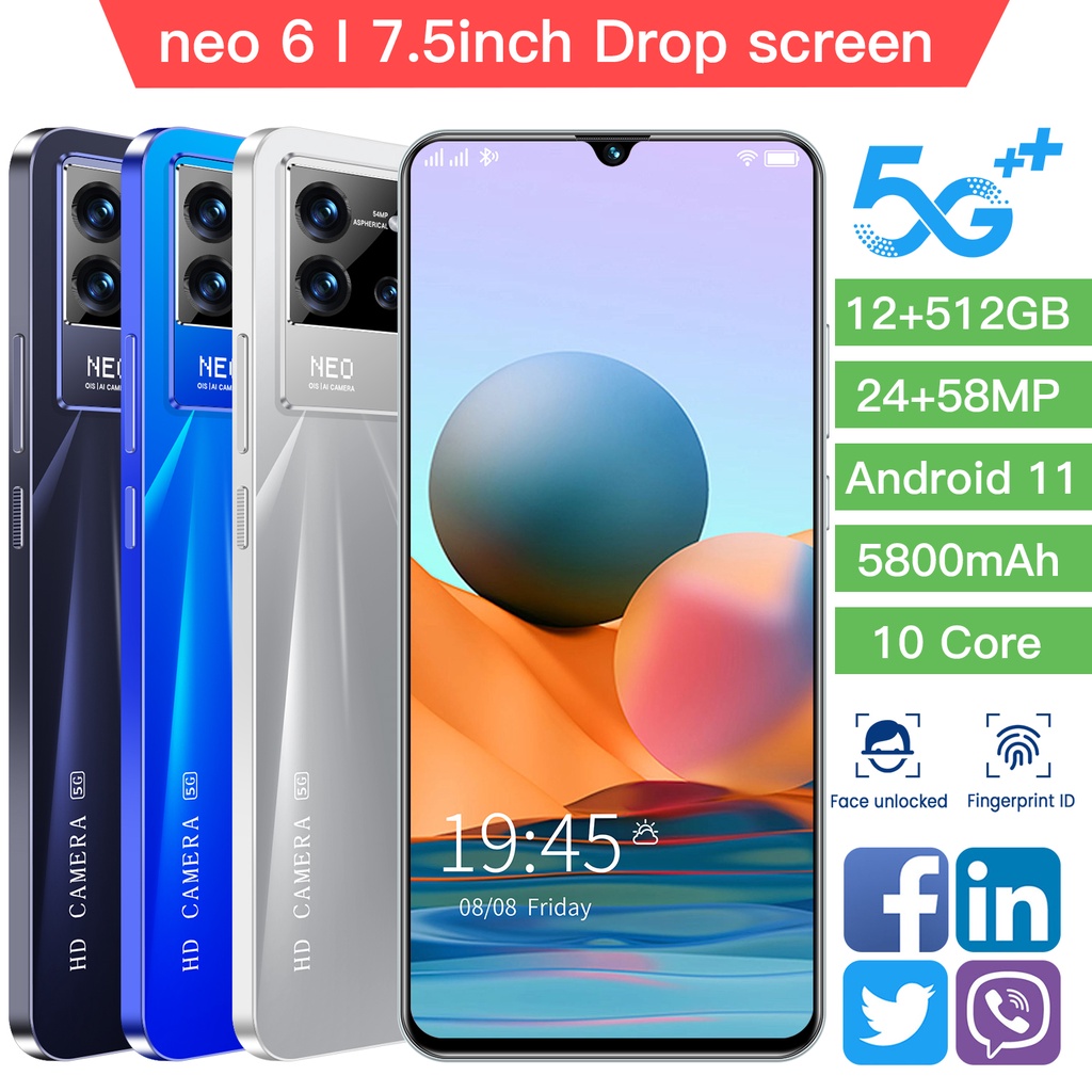 【2021 Produk Baru hp 】Ponsel Pintar Baru Neo6 Android 10.0 Layar HD 7,5 inci hd 4G/5G WIFI HP Sidik 