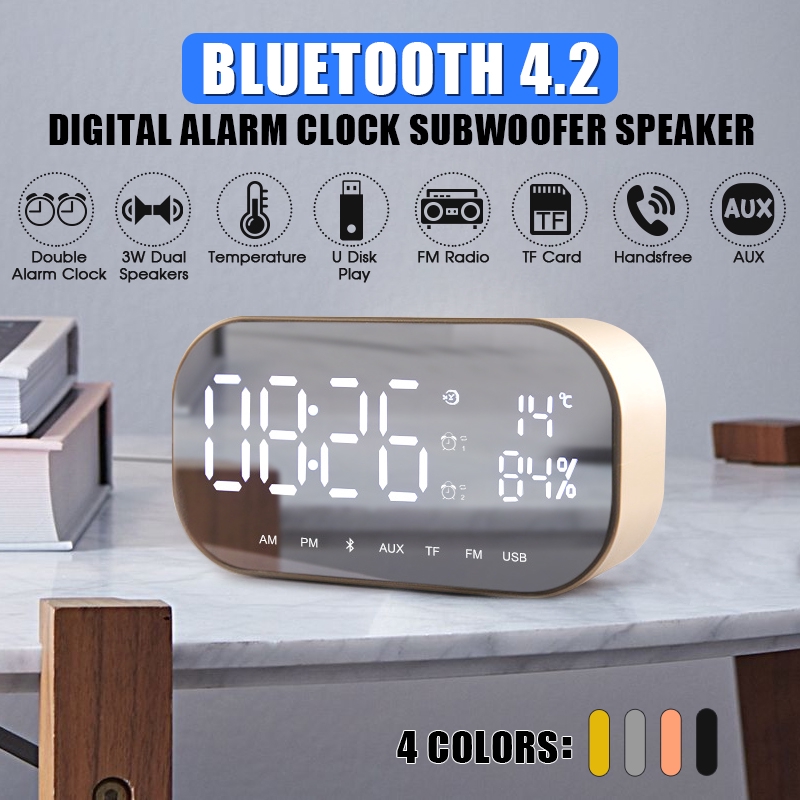 Wood Stereo Bluetooth Dual Speaker Subwoofer FM Radio HiFi Music Clock Alarm AUX