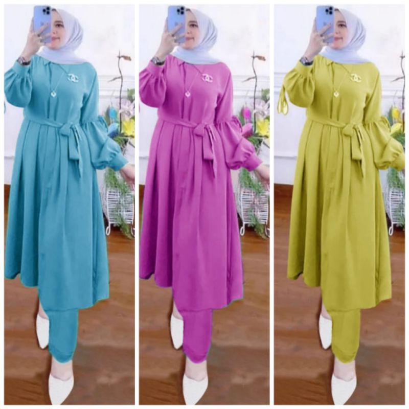 Setelan Tunik Wanita Kekinian One Set Tunik Anggita Baju Wanita Setelan Polos