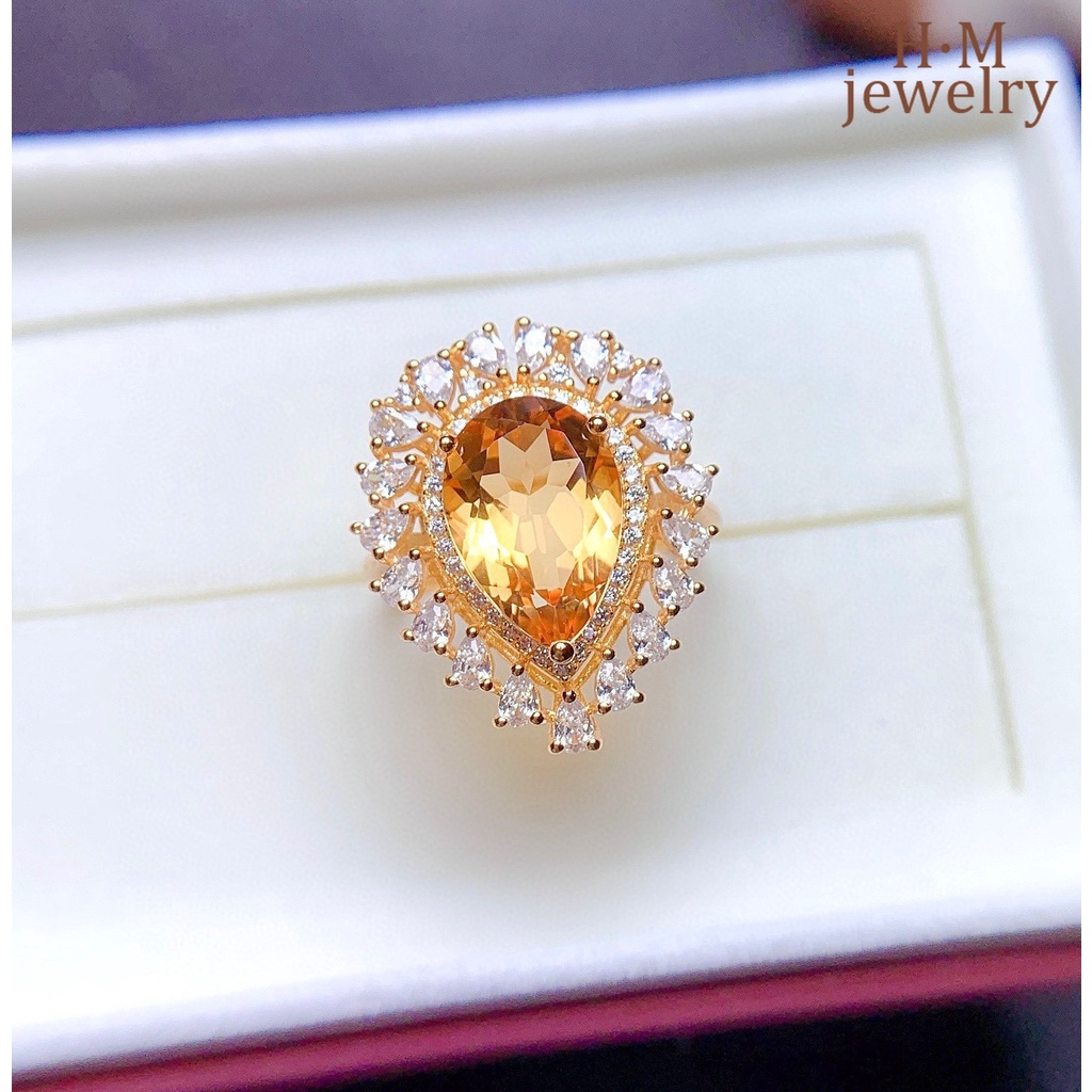 Cincin Lapis Emas 18K Dengan Batu Citrine Natural Mewah Untuk Wanita