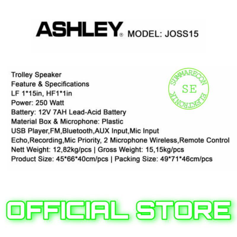 speaker portable 15 inch original ashley joss 15 usb bluetooth mp3