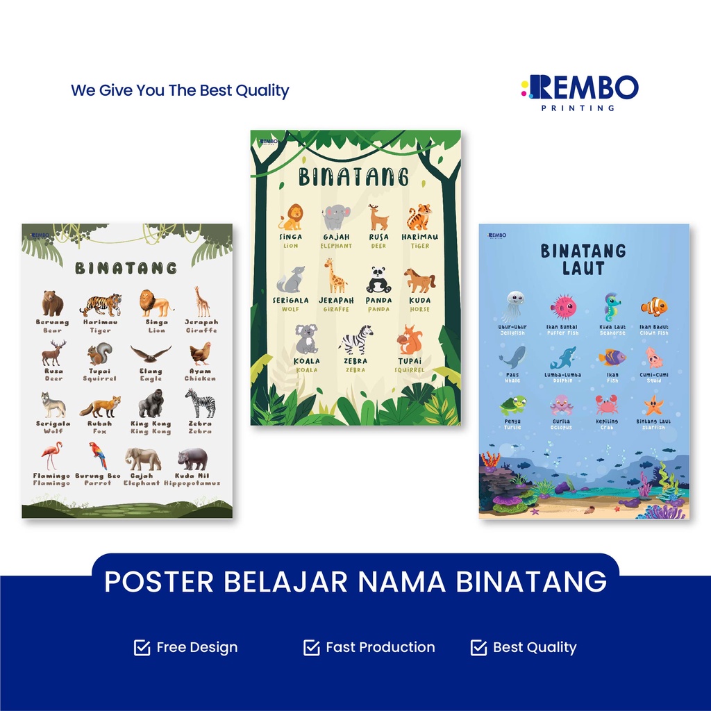 POSTER MACAM-MACAM NAMA BINATANG (Darat &amp; Laut) EDUKASI ANAK LUCU UNIK DAN MUDAH DIPAHAMI - REMBO PRINTING