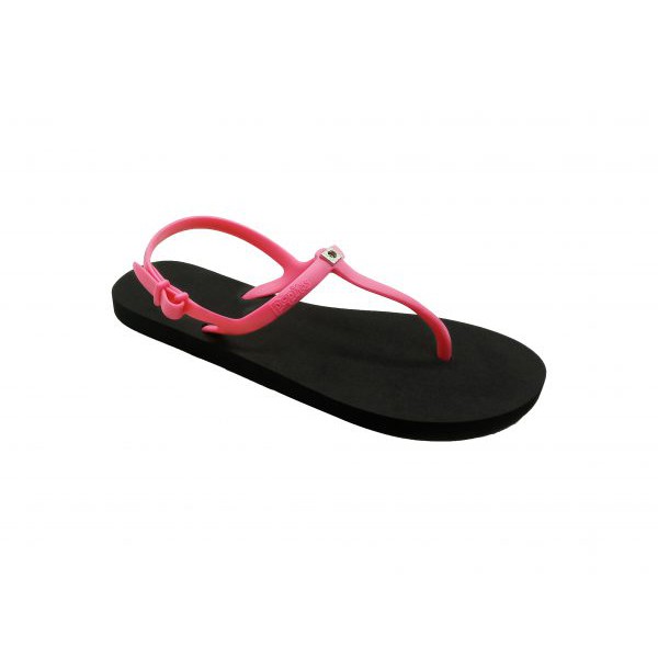 Popits Sling Back Flat Black Fuschia Sandal Wanita Original
