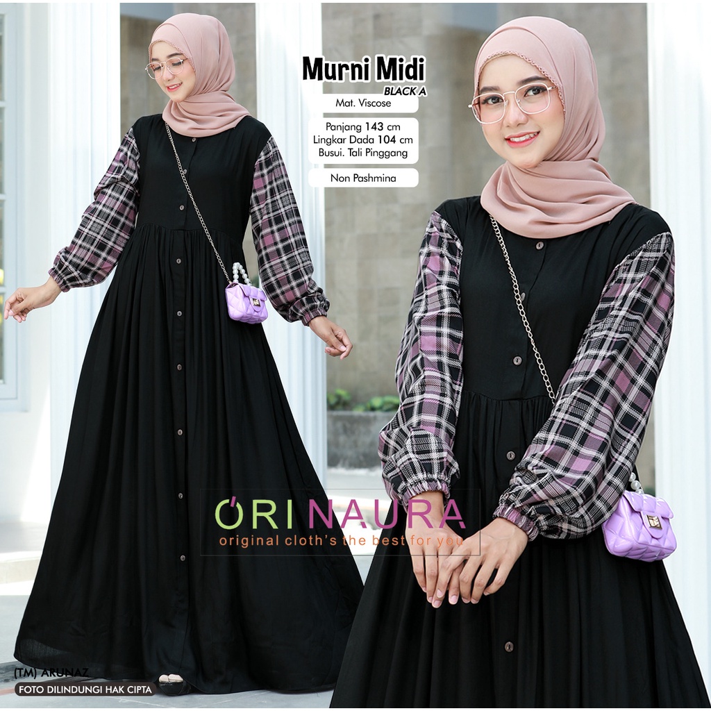 Murni Midi Dress by Ori Naura Bahan Viscose Motif Polos Kotak