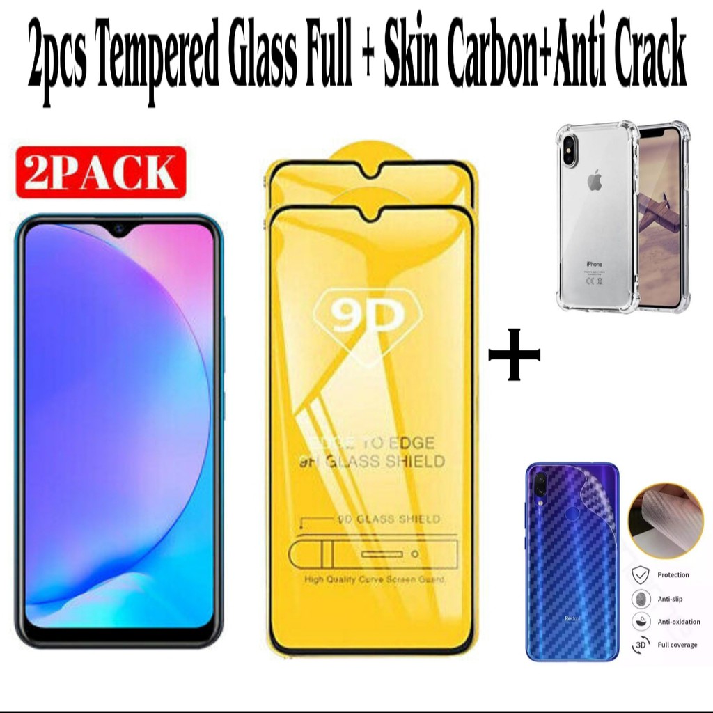 [PAKET PROMO] 2pcs Tempered Glass Full Vivo Y91 / Y12 / Y17 + Skin Carbon + Anti Crack