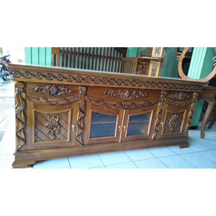 bufet tv slendang pintu kaca jati