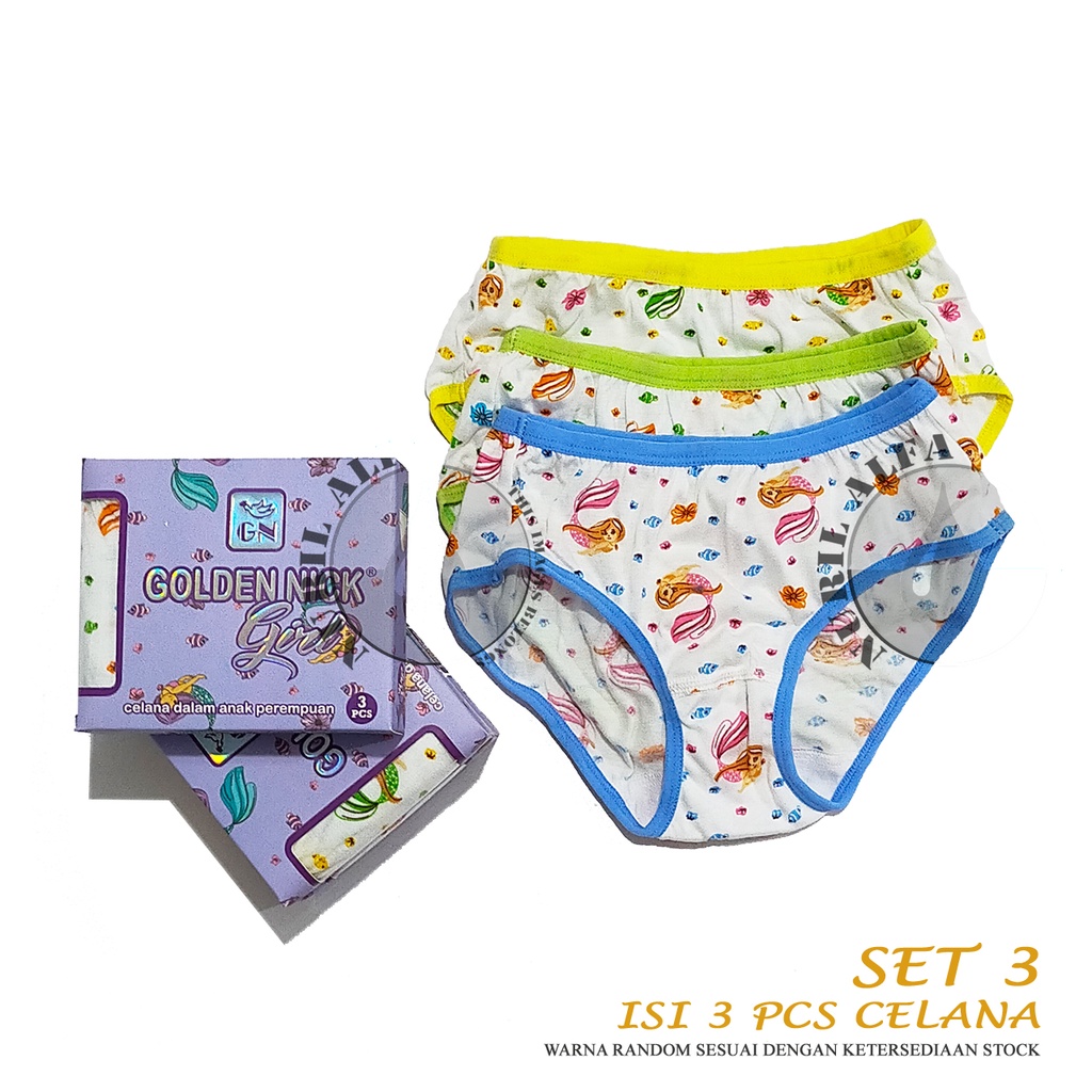 Set isi 3 Pcs Celana Dalam AnakPerempuan Golden Nick Karakter Box Ungu CD Underwear Berkualitas