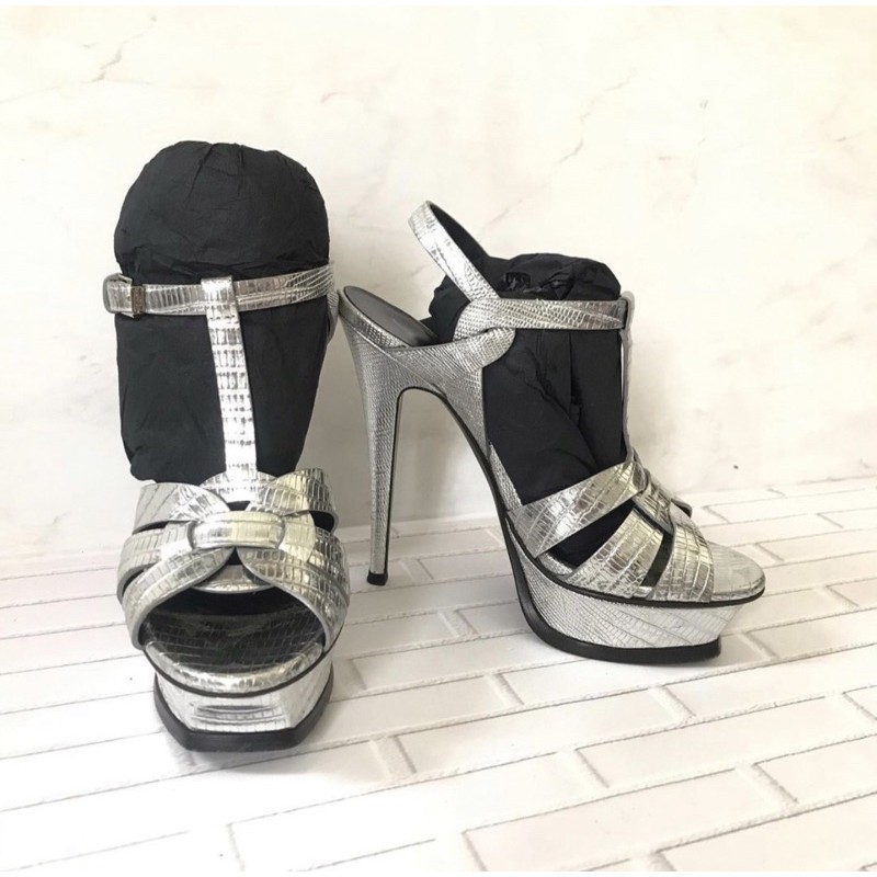 Preloved Authentic YSL Tribute silver croco embossed heels 14 cm