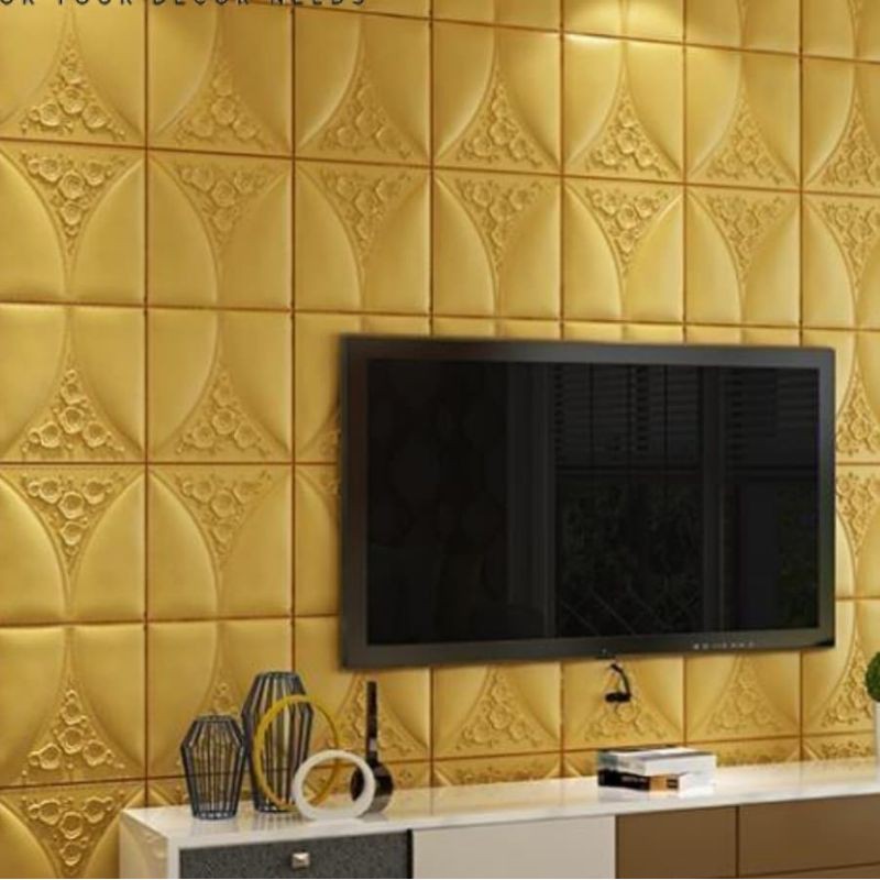 wallpaper foam sticker premium 3D permukaan timbul motif batik oval gold