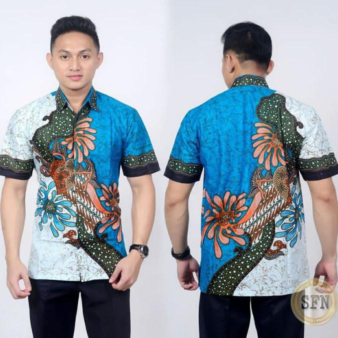 PRODUK READY... HEM BATIK PRIA BATIK KANTOR BATIK PRIA BATIK KERJA - BIRU MUDA, M MURAH