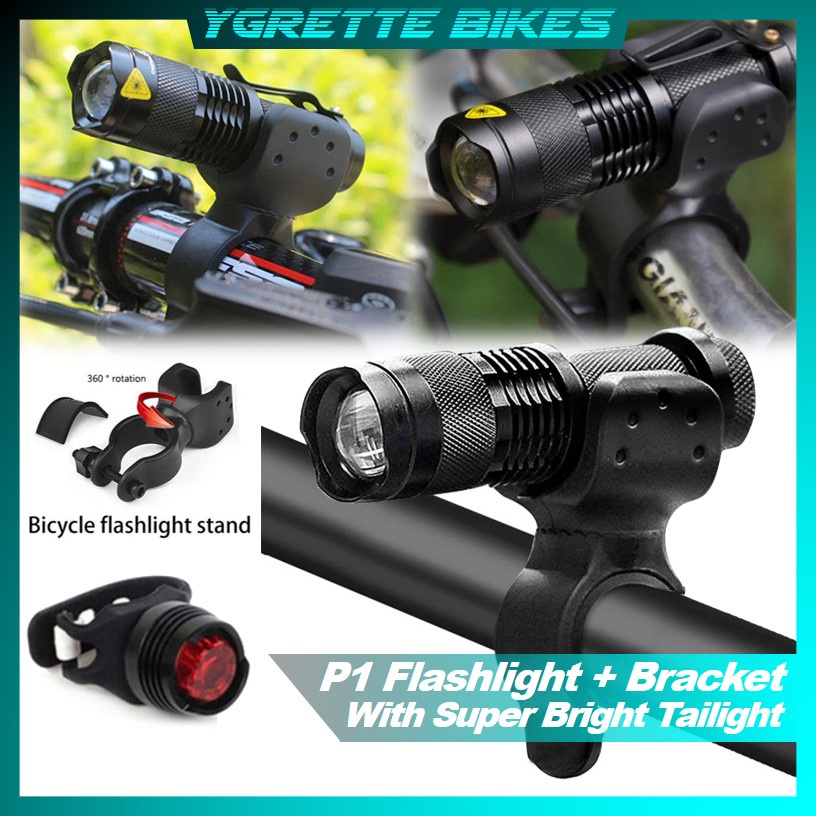 YGRETTE - POCKETMAN P1 FLASHLIGHT Q5 BICYCLE LIGHT TAILIGHT WITH BRACKET PAKET LAMPU DEPAN BELAKANG SEPEDA 2000 LUMEN COB