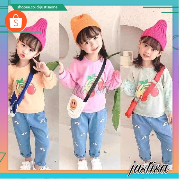 Promo !! Setelan baju anak cewek / Setelan rainbow cherry bear import ukuran 1-3tahun (Oren,Pink,Hijau)