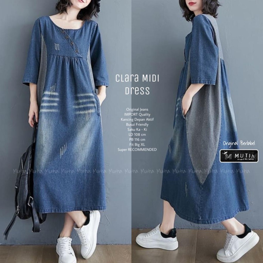 CLARA MIDI DRESS /  dress jeans jumbo terbaru oversize dress casual GBM