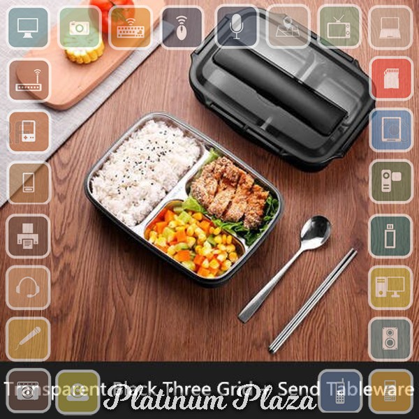 ONEUP Kotak Makan Stainless Steel Healthy Bento Lunch Box 1000ml 3 Grid with Spoon &amp; `2R2VNY-- Black