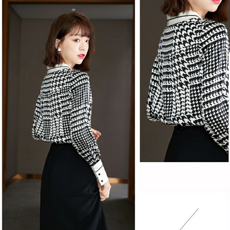 MDLV ~ 2140 Jericha Hidden Button Shirt Houndstooth Kemeja Twiscone Korea Fashion import