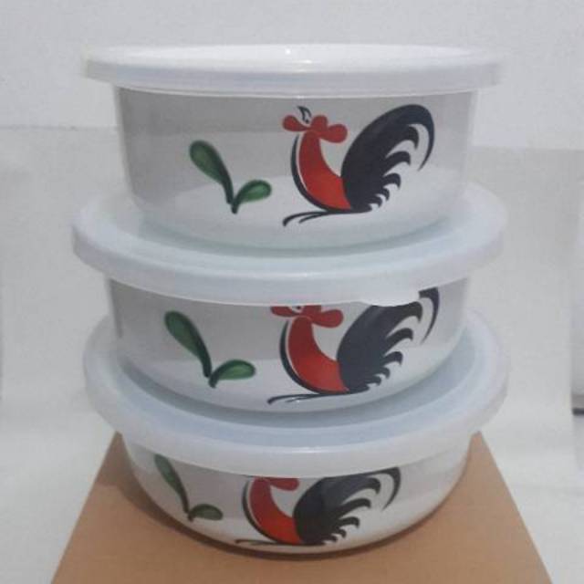 Mixing Bowl Mangkok Rantang Enamel Kukuruyuk Ayam Jago Set 3 pcs