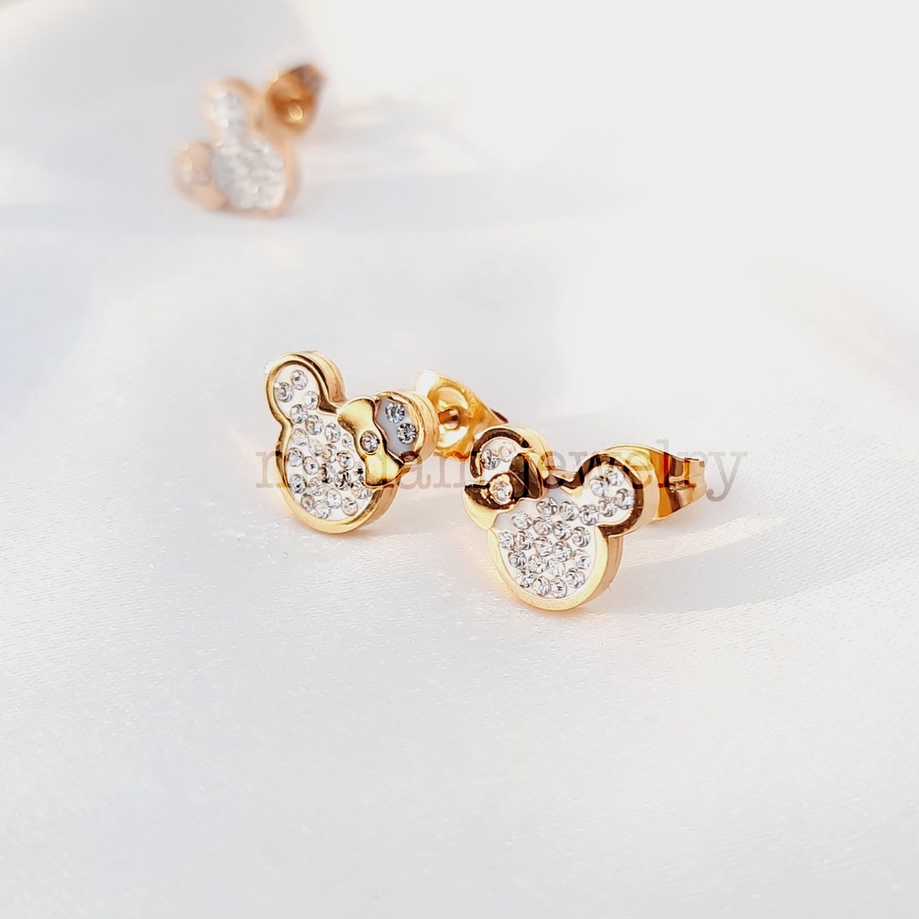 Anting Tusuk Ukuran 1cm x 1cm Minnie Dengan Taburan Diamonds Artifisial Tersedia Warna Rose Gold dan Gold