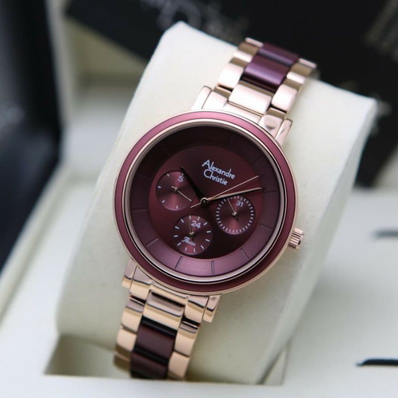 Jam Tangan Alexander Christie Wanita Rosegold Maroon ac2918 Original