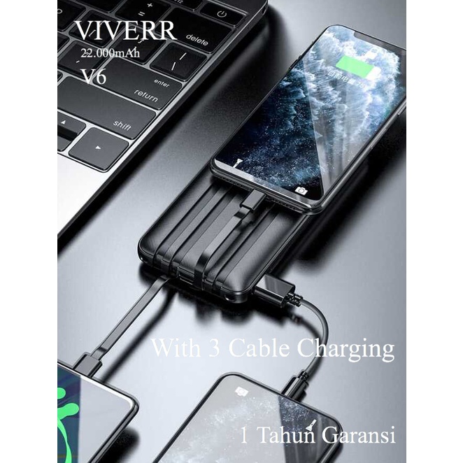 Powerbank VIVERR V6 Kapasitas 22.000 mAh Fast charging Original Garansi 1 tahun.