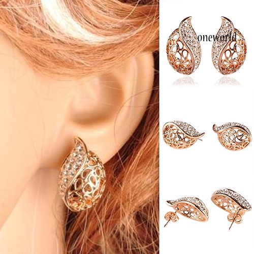 OW@ 1 Pair Fashion Women's Lady Hollow Leaf Rhinestone Ear Stud Earrings Golden Tone