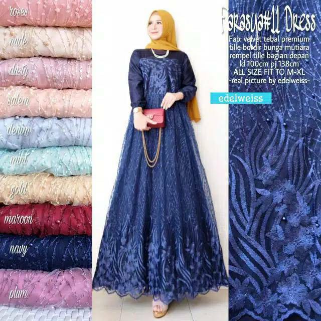 TERBARU FARASYA DRESS (READY SERAGAMAN ) GAMIS BRUKAT TILE MUTIARA LD #120 Gamis Brokat Full Mix Vel