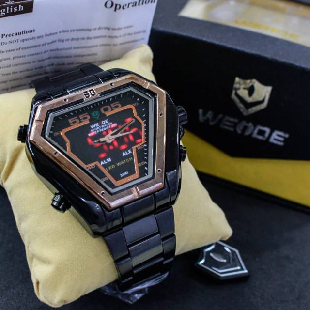 JAM TANGAN PRIA ORIGINAL WEIDE 1102 BLACK DUALTIME WATERRESIST PLUSBOX