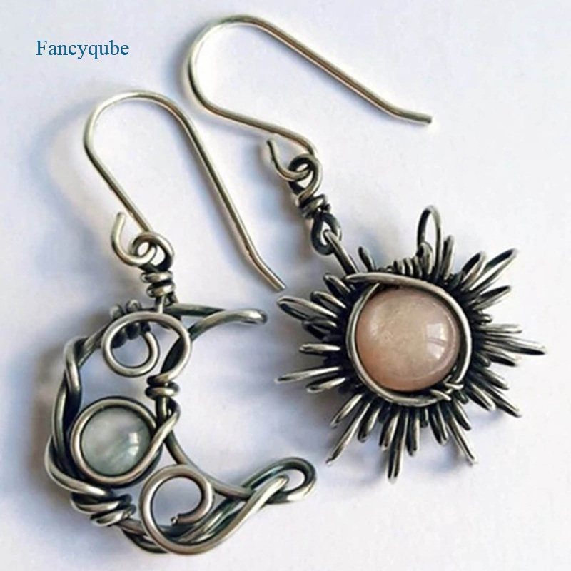 Fancyqube Anting Kristal Bentuk Matahari Dan Bulan Warna Silver Gaya Bohemia Untuk Wanita