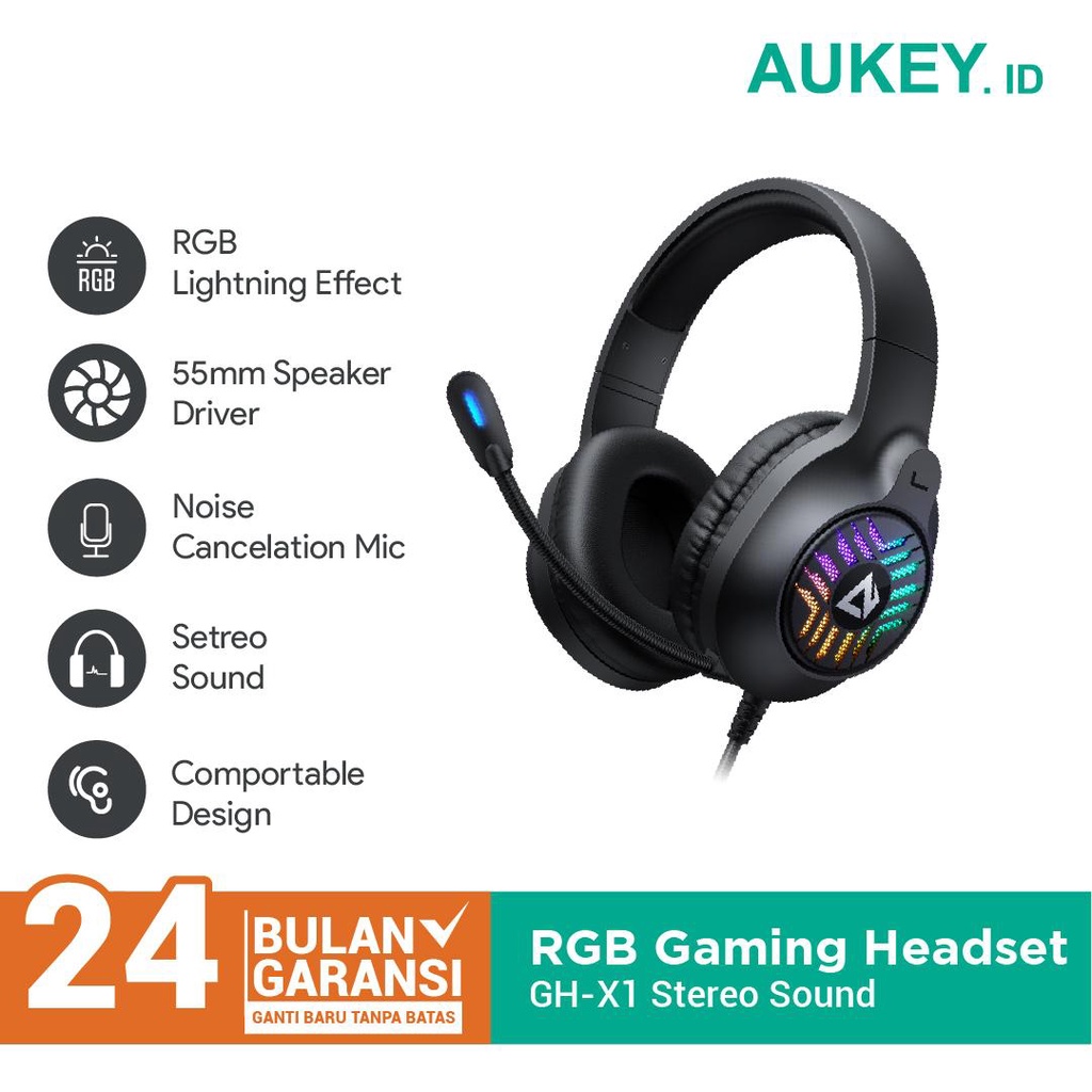 Aukey Headphone Gaming Over Ear RGB with Mic - 500873 - GH-X1