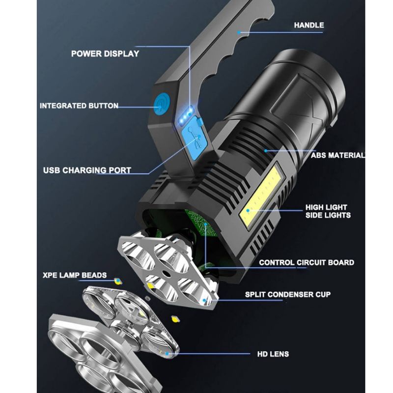 Senter Tangan 4*1w led + 10COB (25w+35w),merek Hose micro USB charging