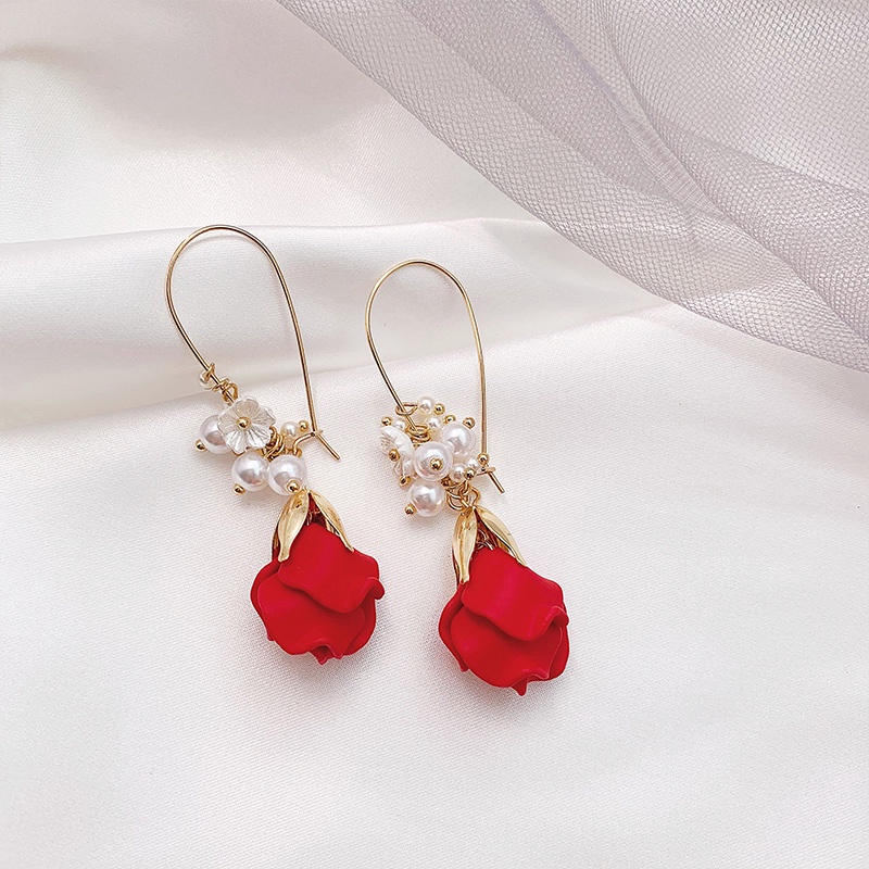 Anting Bentuk Bunga Mawar Warna Merah Gaya Korea Untuk Wanita